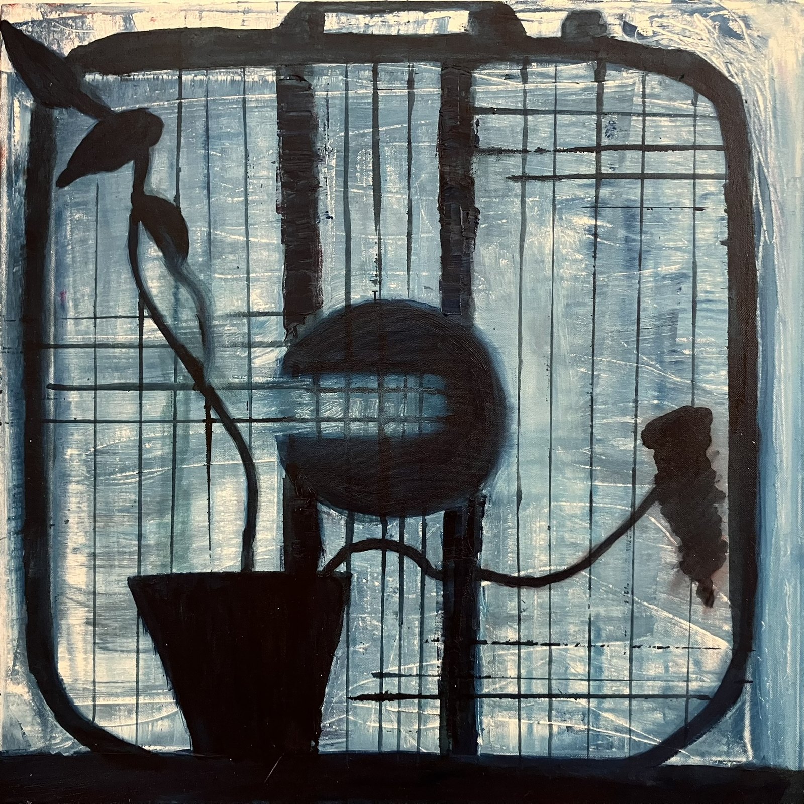 Box fan and a potted plant in dark silhouette against a pale blue window grid