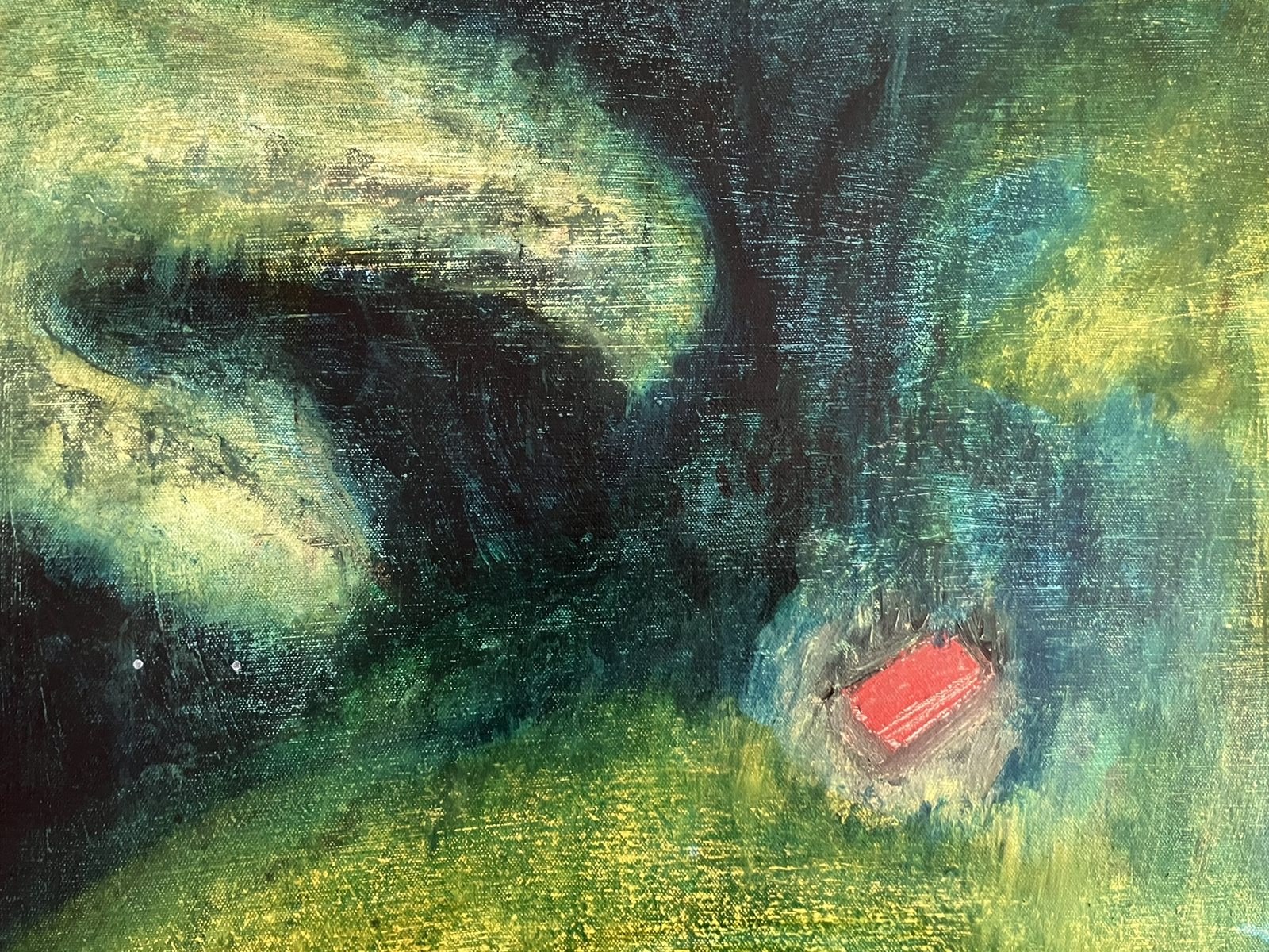 Abstract field of deep green, blue and yellow-green with a small red rectangle near the bottom