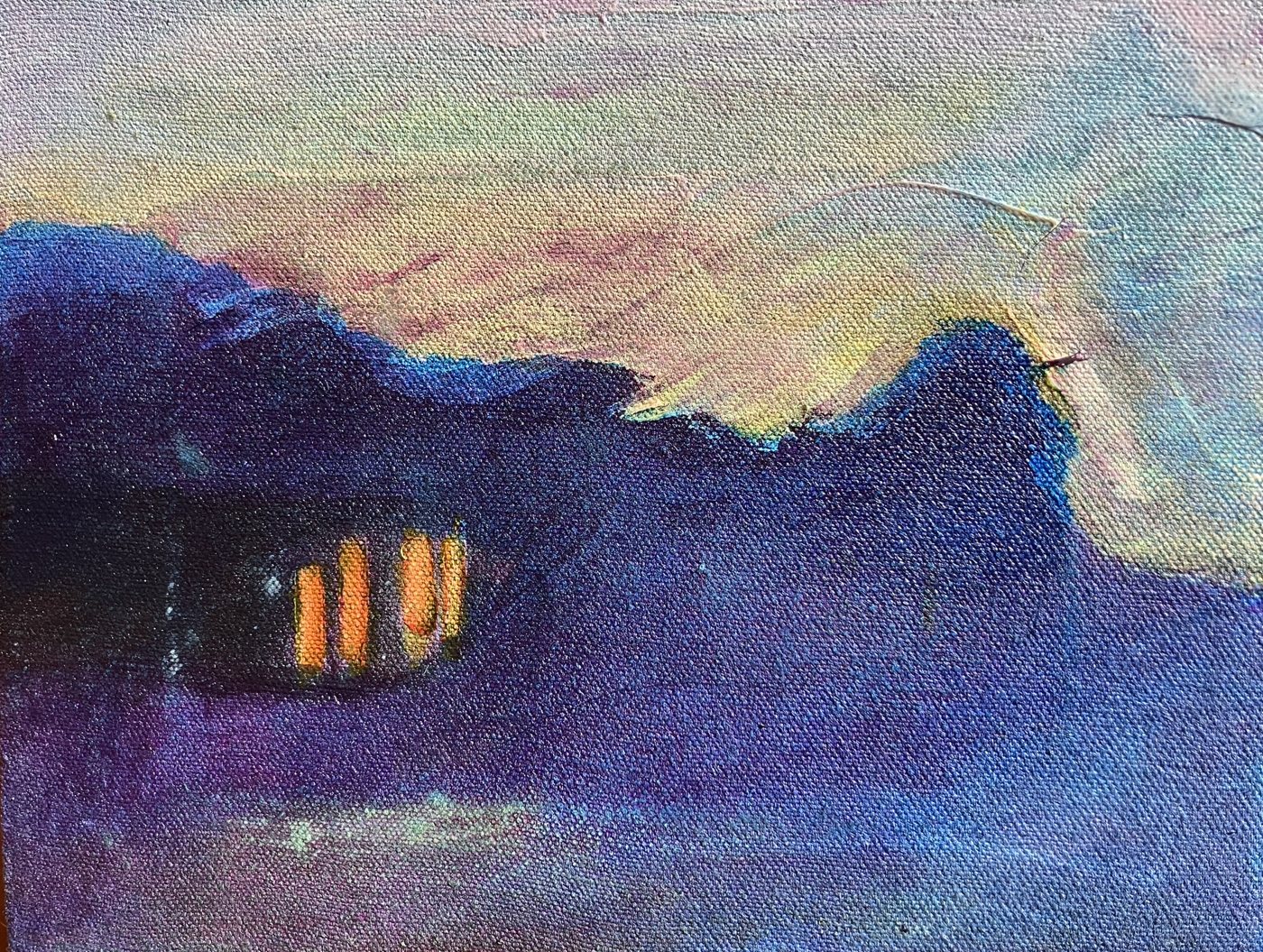 Dark violet hills under a pink and yellow sky, with four glowing orange windows
